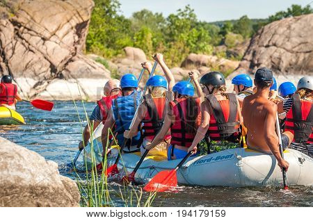 Village Mihia Mykolayiv region Ukraine - July 2 2017: Rafting and kayaking. A popular place for extreme family and corporate recreation as well as training for athletes.