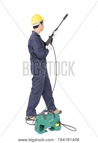 Young Man Stand And Holding High Pressure Water Gun