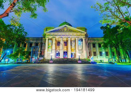 TAIPEI TAIWAN - MAY 27: This is a night view of the National Taiwan Museum where people come to see exhibitions of Taiwanese culture. It is situated in the 228 memorial peace park on May 27 2017 in Taipei