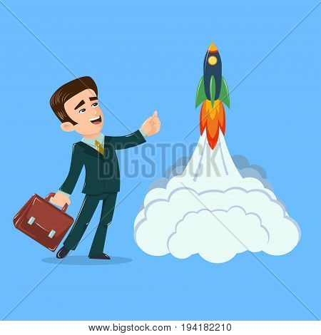 Young businessman with briefcase pointing up and space rocket launch. Vector illustration. Cartoon style. Concept for new oportunities, startup, partnership, future success, innovation, career, growth