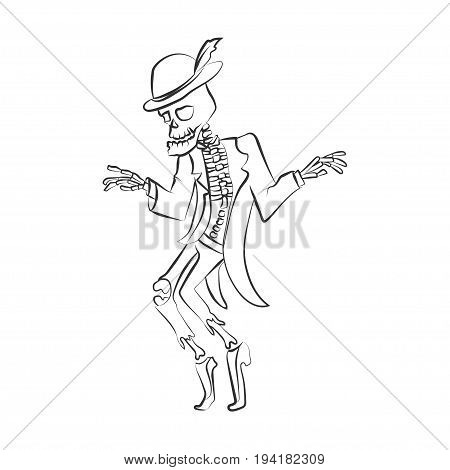 Dancing sceleton. Vector illustration. Black silhouette on white isolated background. Could be used for Halloween decoration, prints, greeting card or invitation.