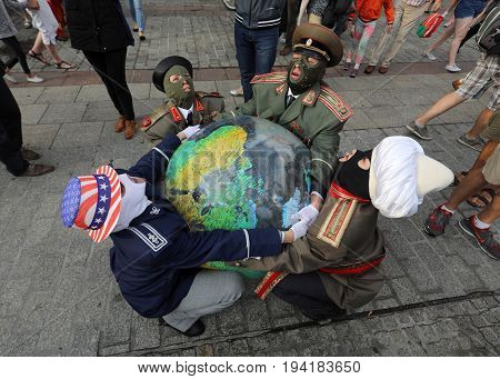 CRACOW POLAND - JULY 5 2017: 30th Street - International Festival of Street Theaters in Cracow Poland. An Odyssey Towards New Shores - a street parade