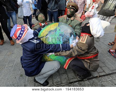 CRACOW POLAND - JULY 5 2017: 30th Street - International Festival of Street Theaters in Cracow Poland. An Odyssey Towards New Shores - a street parade