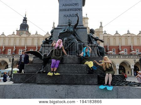 CRACOW POLAND - JULY 5 2017: 30th Street - International Festival of Street Theaters in Cracow Poland. An Odyssey Towards New Shores - a street parade