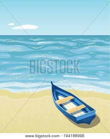 A simple wooden boat on empty beach. Vector illustration. Seaside ladscape. Concept for solitude, relaxation,  loneliness or privacy.