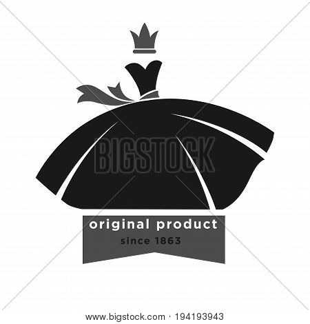 fashion boutique with original product since 1863 monochrome promotional emblem. Black ball gown with ribbon belt and small grey crown above isolated vector illustration on white background.