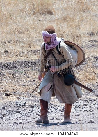 Tiberias Israel July 01 2017 : Participants in the reconstruction of Horns of Hattin battle in 1187 left the camp on foot and go to the battle site near TIberias Israel