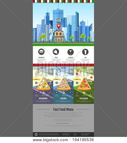 Flat style pizzeria cafe design. Web site design. Pizza menu