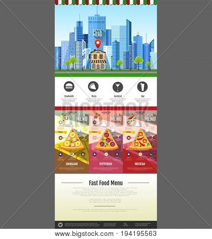 Flat style pizzeria cafe design. Web site design. Pizza menu