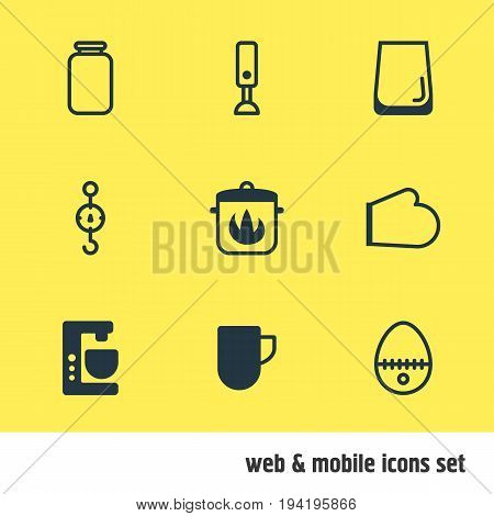 Vector Illustration Of 9 Cooking Icons. Editable Pack Of Tea Cup, Stewpot, Steelyard And Other Elements.