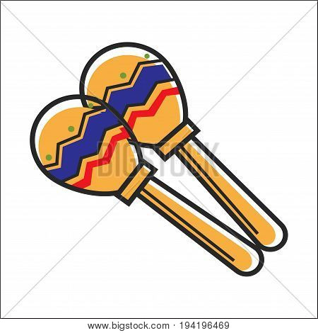 Mexican colorful maracas closeup vector illustration in graphic design. Musical instrument made of wood having thick stick and ball-shaped top with ornament. Tools for festivals that make music