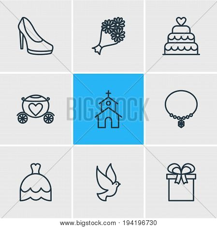 Vector Illustration Of 9 Engagement Icons. Editable Pack Of Pigeon, Building, Patisserie And Other Elements.