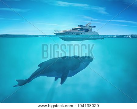 Huge whale near a cruise ship. This is a 3d render illustration