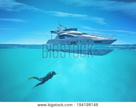 Diver near a cruise ship. This is a 3d render illustration