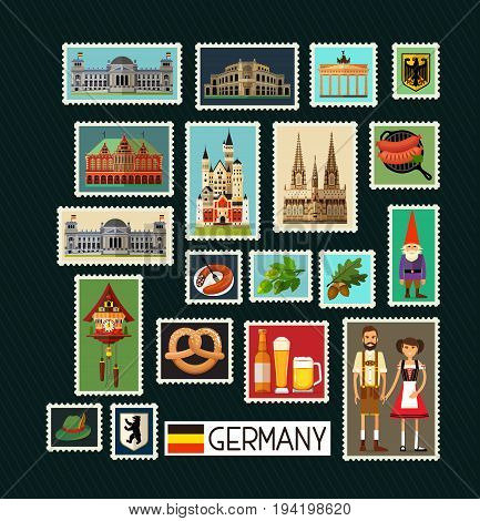 Stamps with Germany Historical Architecture. Vector illustration.