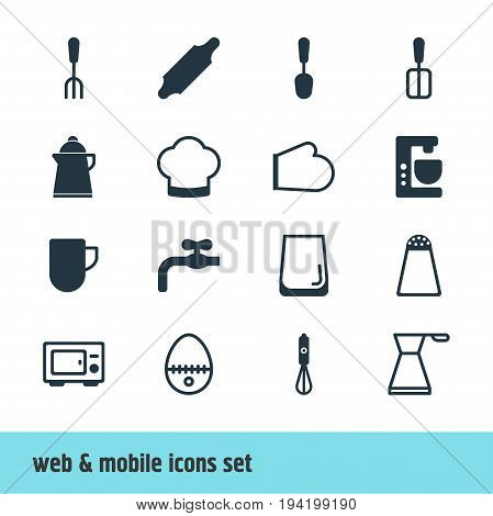 Vector Illustration Of 16 Kitchenware Icons. Editable Pack Of Handmixer, Faucet, Fork Elements.