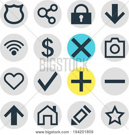 Vector Illustration Of 16 Member Icons. Editable Pack Of Mainpage, Padlock, Downward And Other Elements.
