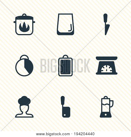Vector Illustration Of 9 Restaurant Icons. Editable Pack Of Stewpot, Chopping Desk, Glass Cup And Other Elements.
