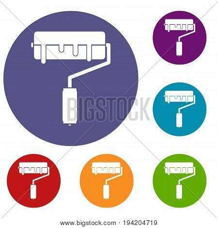 Paint roller with paint icons set in flat circle reb, blue and green color for web