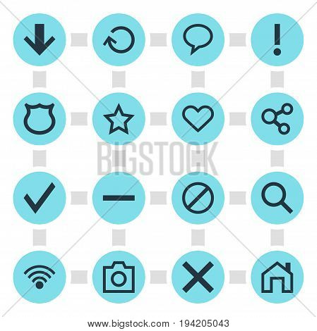 Vector Illustration Of 16 Interface Icons. Editable Pack Of Snapshot, Mainpage, Downward And Other Elements.