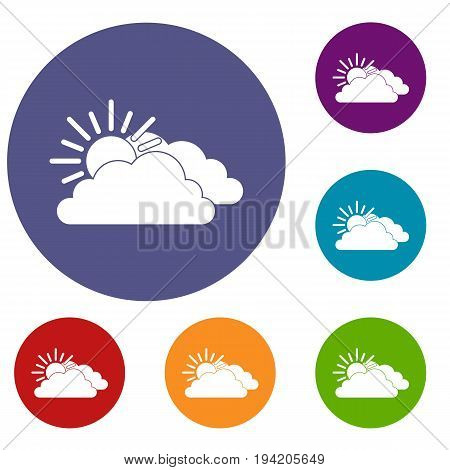 Sun and cloud icons set in flat circle reb, blue and green color for web