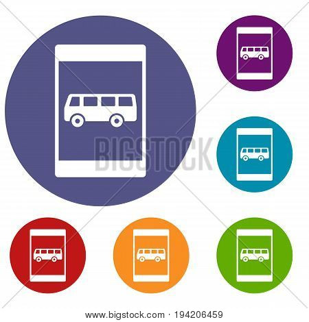 Bus stop sign icons set in flat circle reb, blue and green color for web