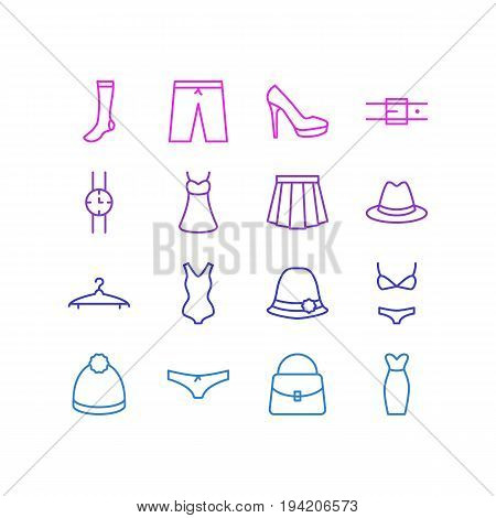Vector Illustration Of 16 Dress Icons. Editable Pack Of Cloakroom, Sarafan, Swimming Trunks And Other Elements.