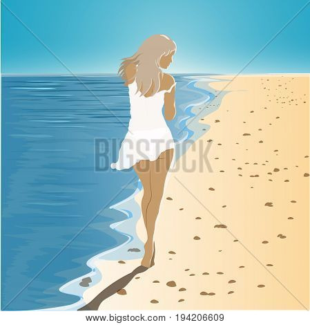 Vector illustration of girl in dress walking barefoot on the beach