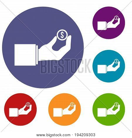 Hand holding the money coin icons set in flat circle reb, blue and green color for web