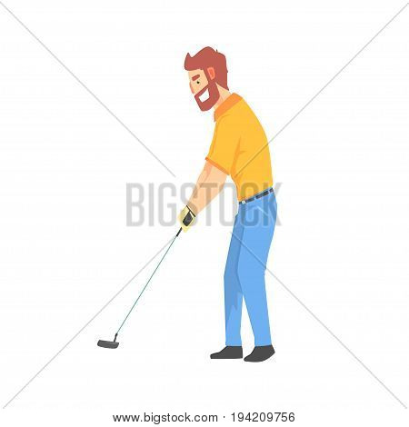 Smiling bearded cartoon golf palyer character hitting the ball vector Illustration isolated on a white background