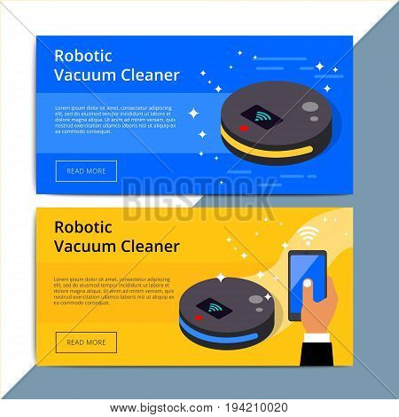 Robotic Vacuum Cleaner Promo Web Banner Ad. Robovac Promotion Advertisement Layout. Domestic Robot D