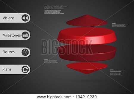 3D Illustration Infographic Template With Two Cylinders Between Two Cones Horizontally Arranged