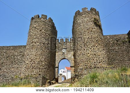 Beautiful view of the Evoramonte fortress main gate. Portugal