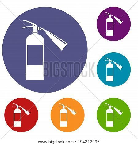Fire extinguisher icons set in flat circle reb, blue and green color for web
