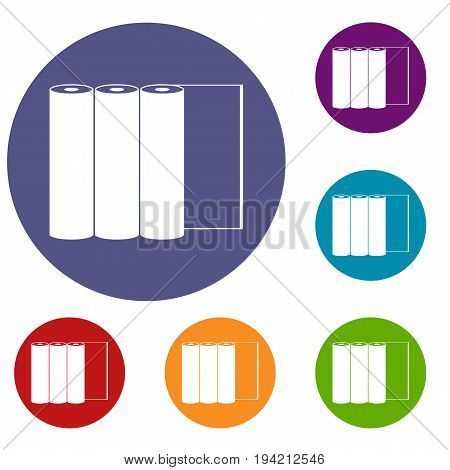 Rolls of paper icons set in flat circle reb, blue and green color for web
