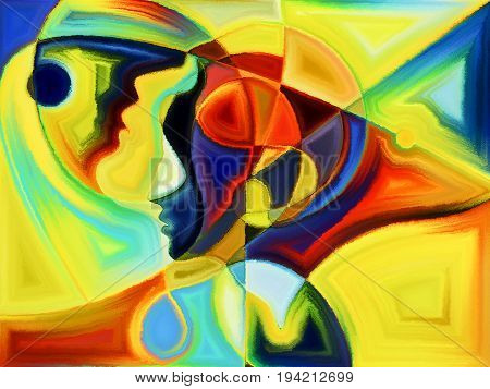 Modern painted design of human heads on the subject of human emotions and passions.