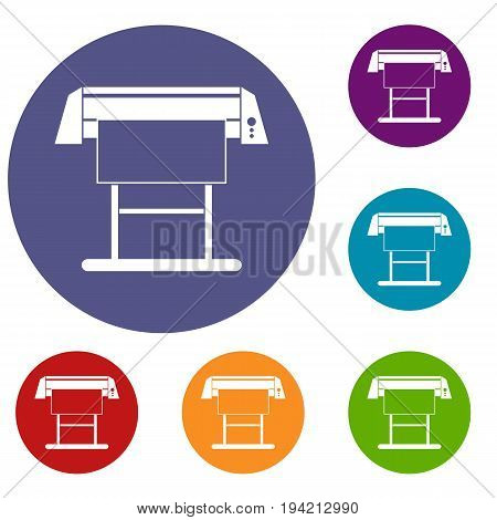 Large format inkjet printer icons set in flat circle reb, blue and green color for web