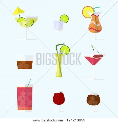 Collection of alcohol coctails with ice and fruits