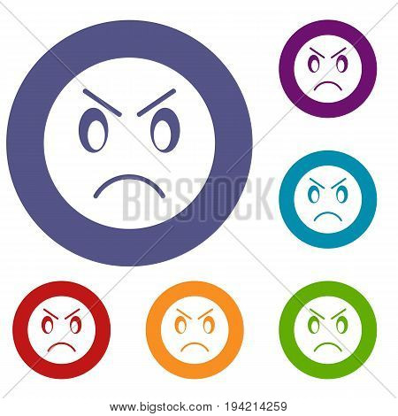 Annoyed emoticons set in flat circle reb, blue and green color for web