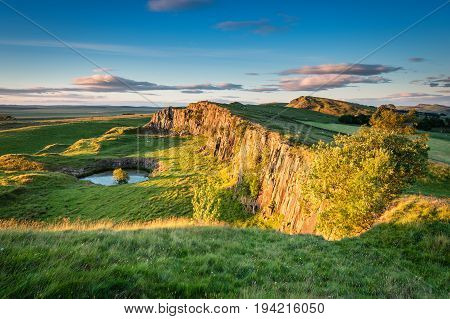 Walltown Crags below Hadrian's Wall, which is a World Heritage Site in the beautiful Northumberland National Park. Popular with walkers along the Hadrian's Wall Path and Pennine Way