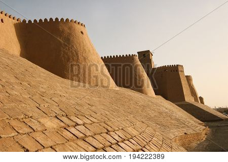 The watchtower of the Khuna Ark the fortress and residence of the rulers of Khiva in Uzbekistan. The Ark was built in the 12th Century.