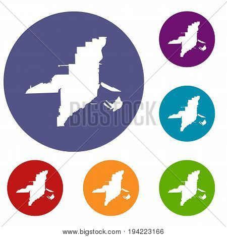 Florida map icons set in flat circle reb, blue and green color for web