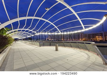 Promenade at the Guadalentin river in Lorca illuminated at night. Province of Murcia southern Spain
