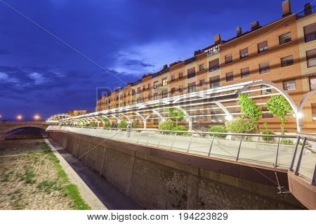 Promenade at the Guadalentin river in Lorca illuminated at night. Province of Murcia southern Spain