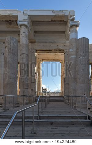 Monumental gateway Propylaea in the Acropolis of Athens, Attica, Greece