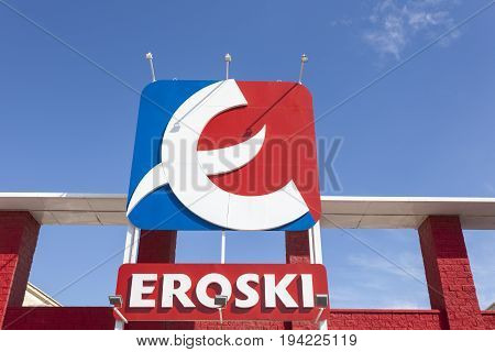 Lorca Spain - May 29 2017: Eroski shopping center in the city of Toledo. Eroski is a Spanish supermarket chain with nearly 1000 outlets across Spain