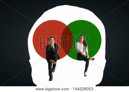 Male head outline with man and woman sitting inside on dark background. Mental gender difference. 3D Rendering