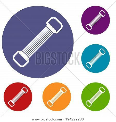 Sports stretchable belt icons set in flat circle reb, blue and green color for web