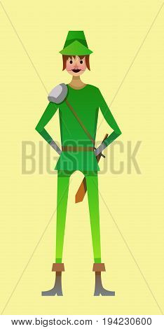 Digital vector kid cartoon simple character young man in green robinhood costume with sword and moustache, abstract flat style