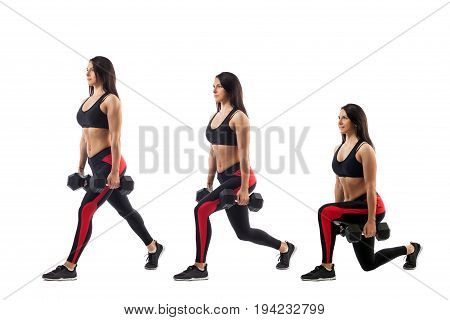 Technique exercises for the buttocks with dumbbells in hands on a white isolated background sports woman left side